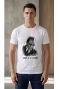 Erkek Atatürk Baskılı Tişört Kısa Kollu Bisiklet Yaka T-Shirt - Beyaz