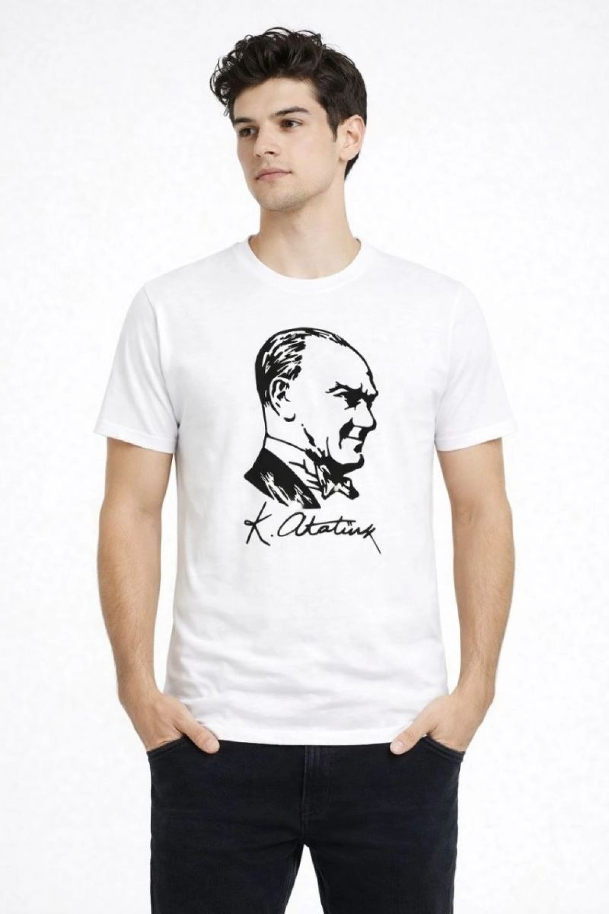 Erkek Atatürk Baskılı Tişört Kısa Kollu Bisiklet Yaka T-Shirt - Beyaz