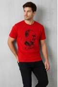 Erkek Atatürk Baskılı Tişört Kısa Kollu Bisiklet Yaka T-Shirt - Kırmızı