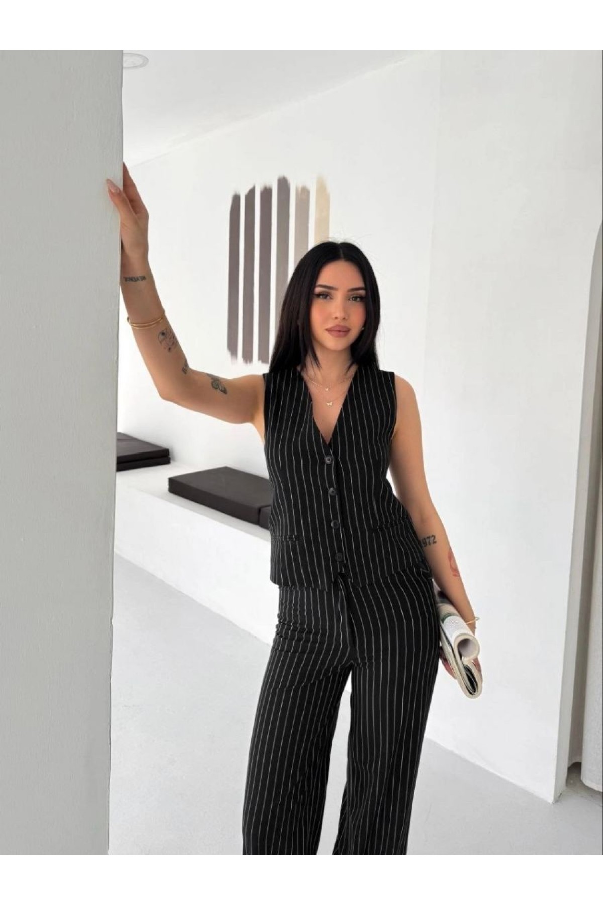 Kadın Çizgili Tansel Kumaş Yelek Pantolon İkili Takım Ofis Şık Modern - Siyah