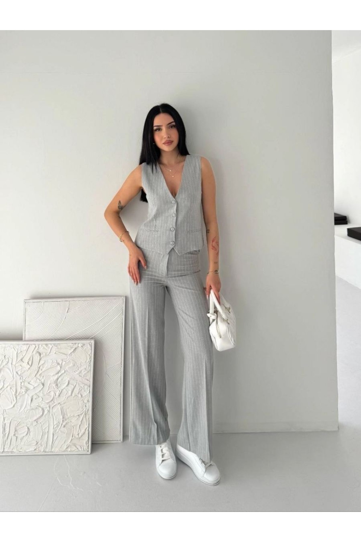 Kadın Çizgili Tansel Kumaş Yelek Pantolon İkili Takım Ofis Şık Modern - Gri