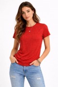 Kadın Flam Kumaş Melanj Dokulu Regular Fit Tişört Bisiklet Yaka Yazlık T-Shirt - Kiremit