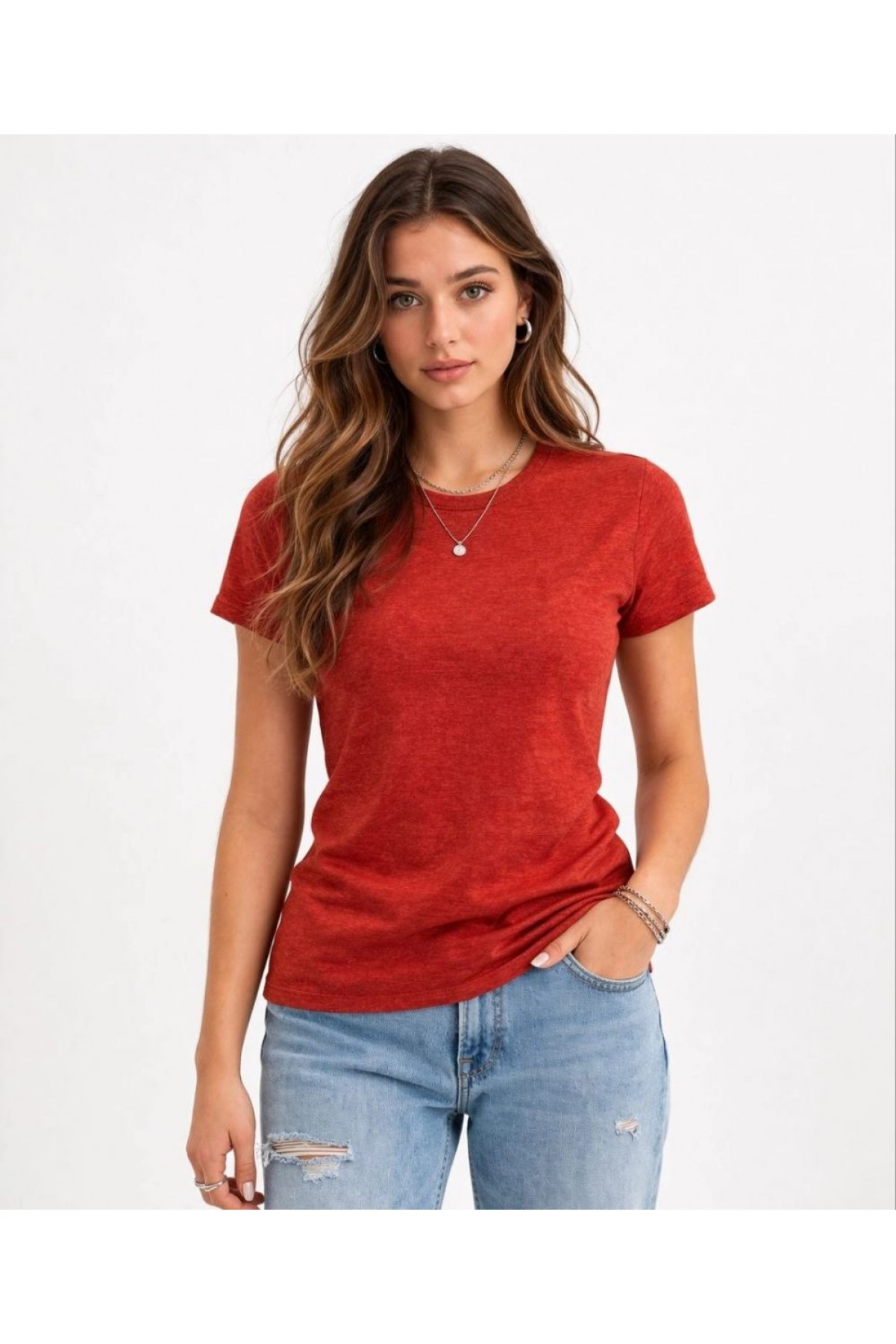Kadın Flam Kumaş Melanj Dokulu Regular Fit Tişört Bisiklet Yaka Yazlık T-Shirt - Kiremit