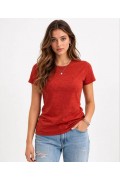 Kadın Flam Kumaş Melanj Dokulu Regular Fit Tişört Bisiklet Yaka Yazlık T-Shirt - Kiremit