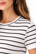 Kadın Çizgili Yazlık Triko T-Shirt Bisiklet Yaka Rahat Kalıp Tişört - Beyaz