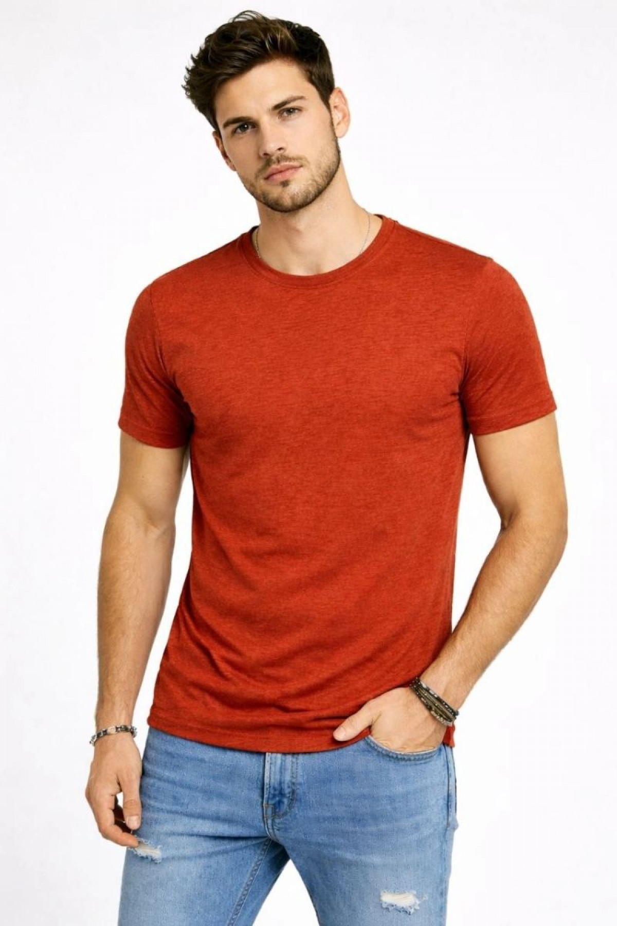 Erkek Flam Kumaş Melanj Dokulu Regular Fit Tişört Bisiklet Yaka Yazlık T-Shirt - Kiremit