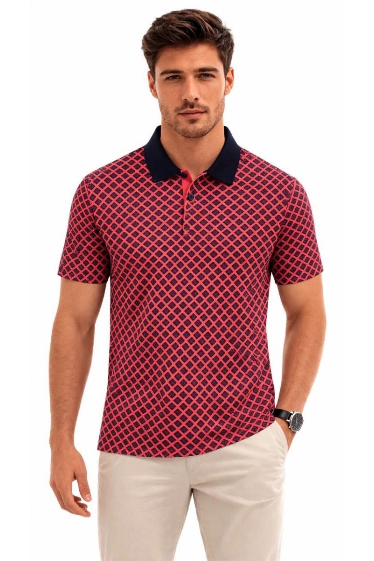 Erkek Pike Kumaş Polo Yaka Desenli Tişört Kısa Kol Yazlık T-Shirt - Kırmızı