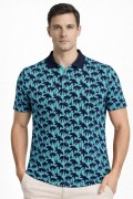 Erkek Pike Kumaş Polo Yaka Palmiye Desenli Tişört Kısa Kol Yazlık T-Shirt - Turkuaz