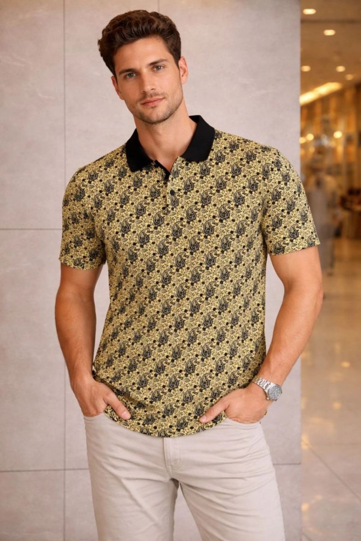Erkek Pike Kumaş Polo Yaka Palmiye Desenli Tişört Kısa Kol Yazlık T-Shirt - Sarı