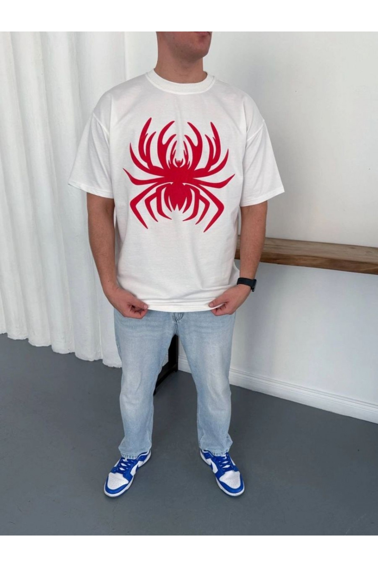 Erkek Örümcek Baskılı Tişört Kısa Kollu Bisiklet Yaka T-Shirt - Beyaz