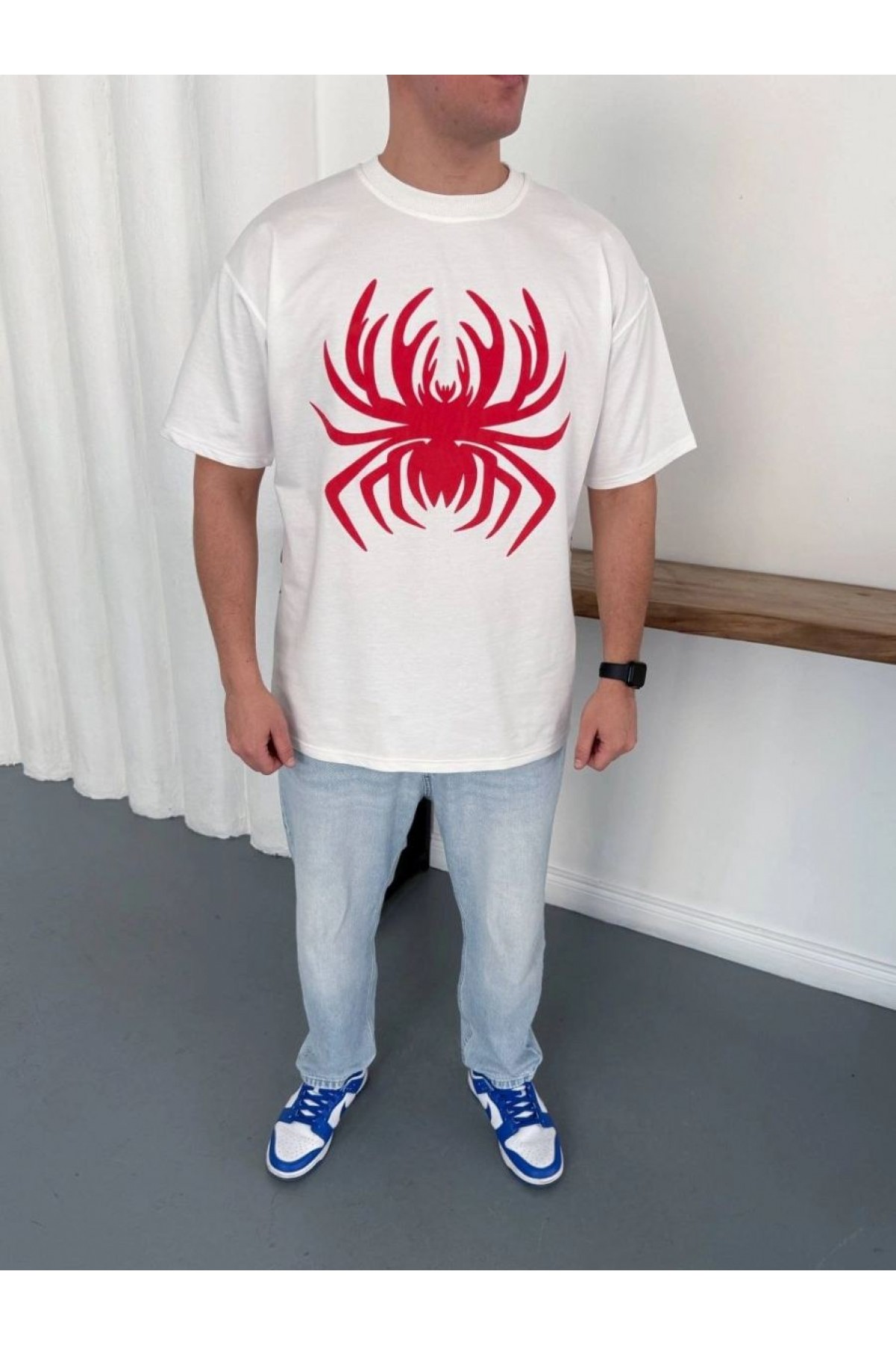 Erkek Örümcek Baskılı Tişört Kısa Kollu Bisiklet Yaka T-Shirt - Beyaz