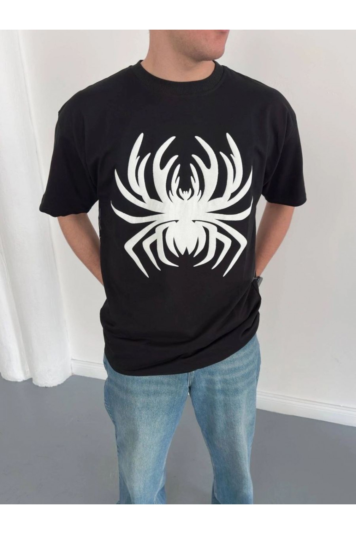 Erkek Örümcek Baskılı Tişört Kısa Kollu Bisiklet Yaka T-Shirt - Siyah