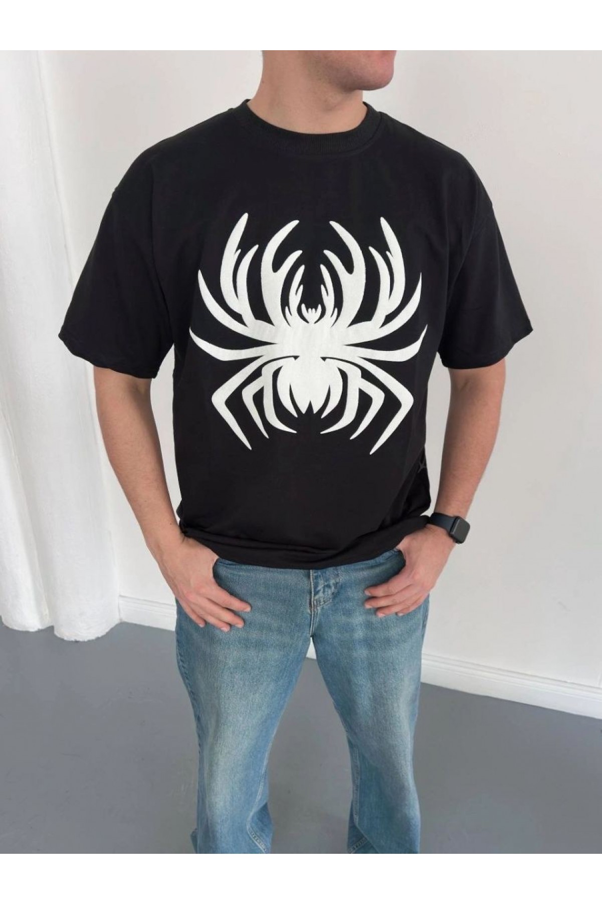 Erkek Örümcek Baskılı Tişört Kısa Kollu Bisiklet Yaka T-Shirt - Siyah