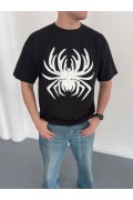 Erkek Örümcek Baskılı Tişört Kısa Kollu Bisiklet Yaka T-Shirt - Siyah