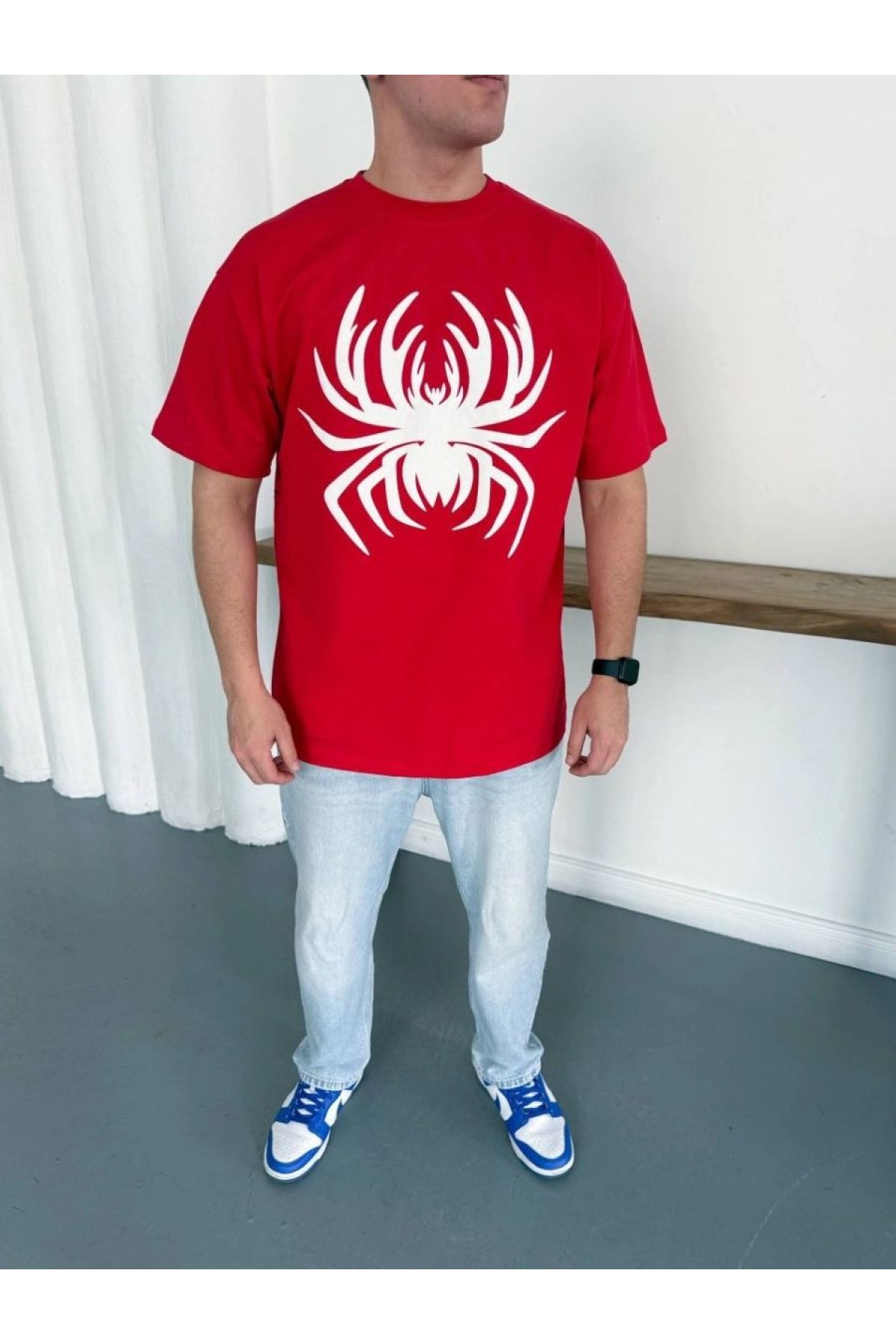 Erkek Örümcek Baskılı Tişört Kısa Kollu Bisiklet Yaka T-Shirt - Kırmızı