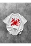 Kadın Örümcek Baskılı Tişört Kısa Kollu Bisiklet Yaka T-Shirt - Beyaz