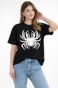 Kadın Örümcek Baskılı Tişört Kısa Kollu Bisiklet Yaka T-Shirt - Siyah