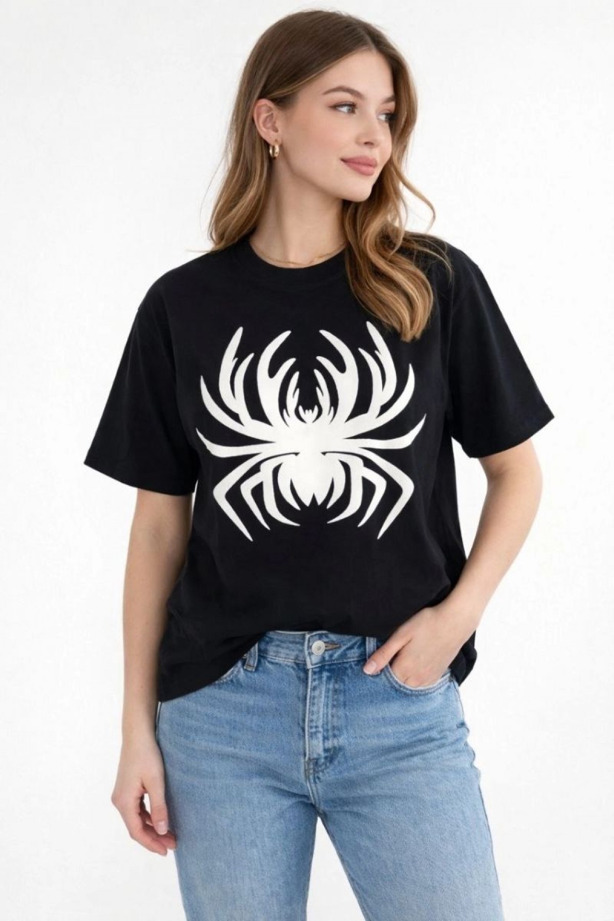 Kadın Örümcek Baskılı Tişört Kısa Kollu Bisiklet Yaka T-Shirt - Siyah