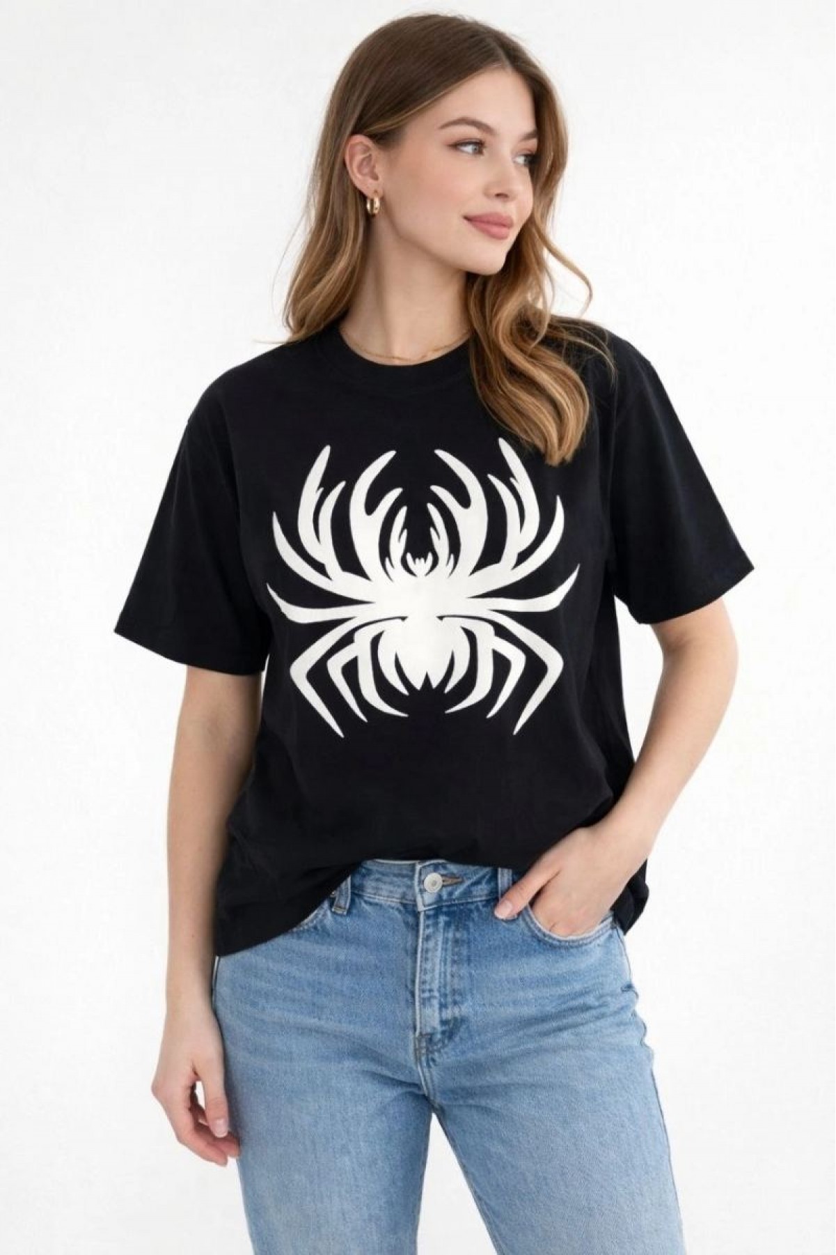Kadın Örümcek Baskılı Tişört Kısa Kollu Bisiklet Yaka T-Shirt - Siyah