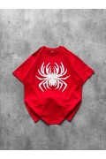 Kadın Örümcek Baskılı Tişört Kısa Kollu Bisiklet Yaka T-Shirt - Kırmızı