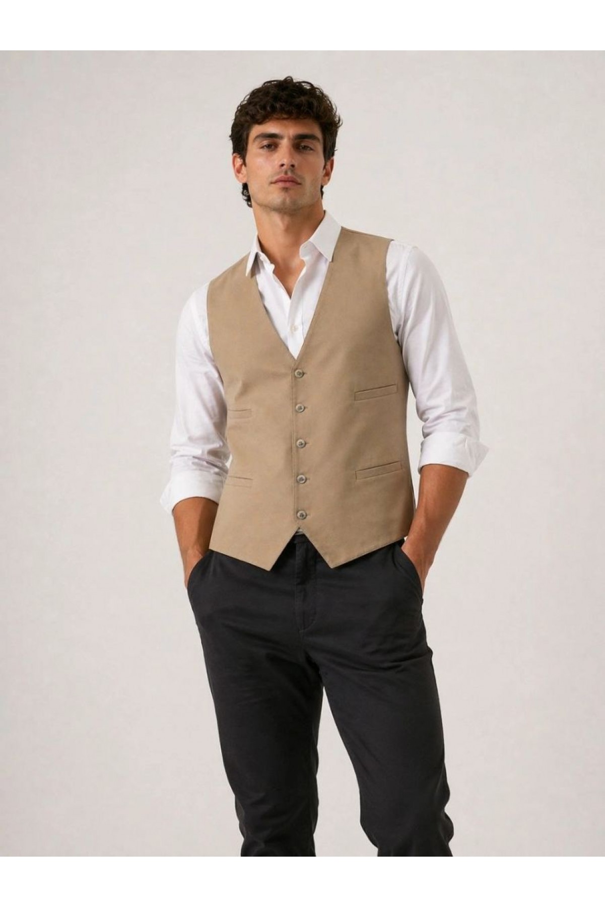 Erkek 6 Cepli Yelek İç Astarlı Sağ Sol İç Cepli Slim Fit Günlük Şık - Bej