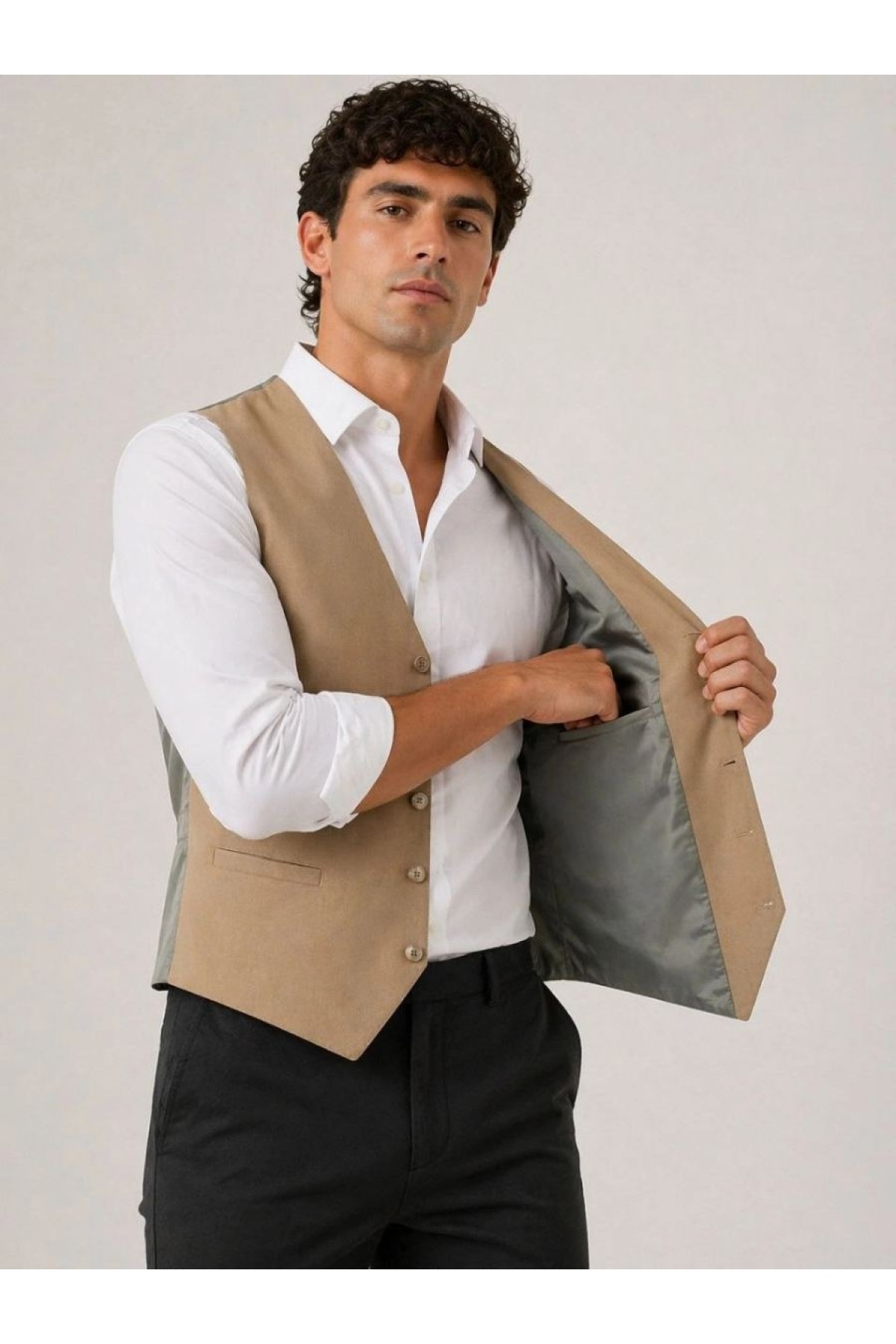 Erkek 6 Cepli Yelek İç Astarlı Sağ Sol İç Cepli Slim Fit Günlük Şık - Bej