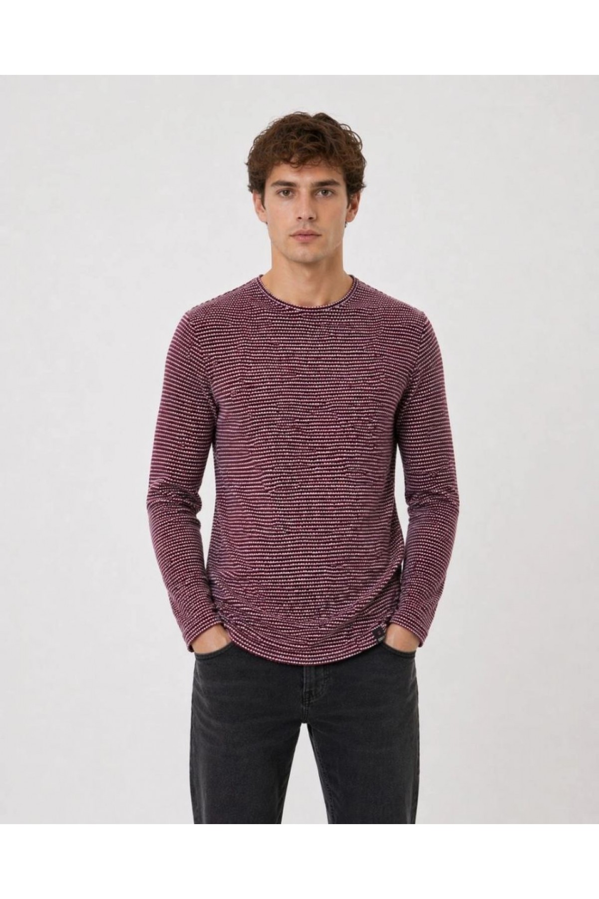 Erkek Dokulu Çizgili Uzun Kollu Tişört Oval Kesim - Bordo