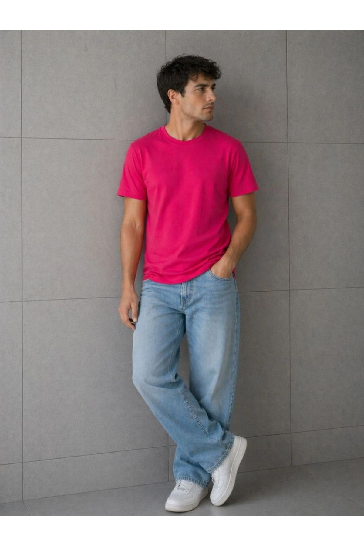 Erkek Basic Pamuklu Tişört Bisiklet Yaka Düz Renk Regular Fit T-Shirt - Fuşya