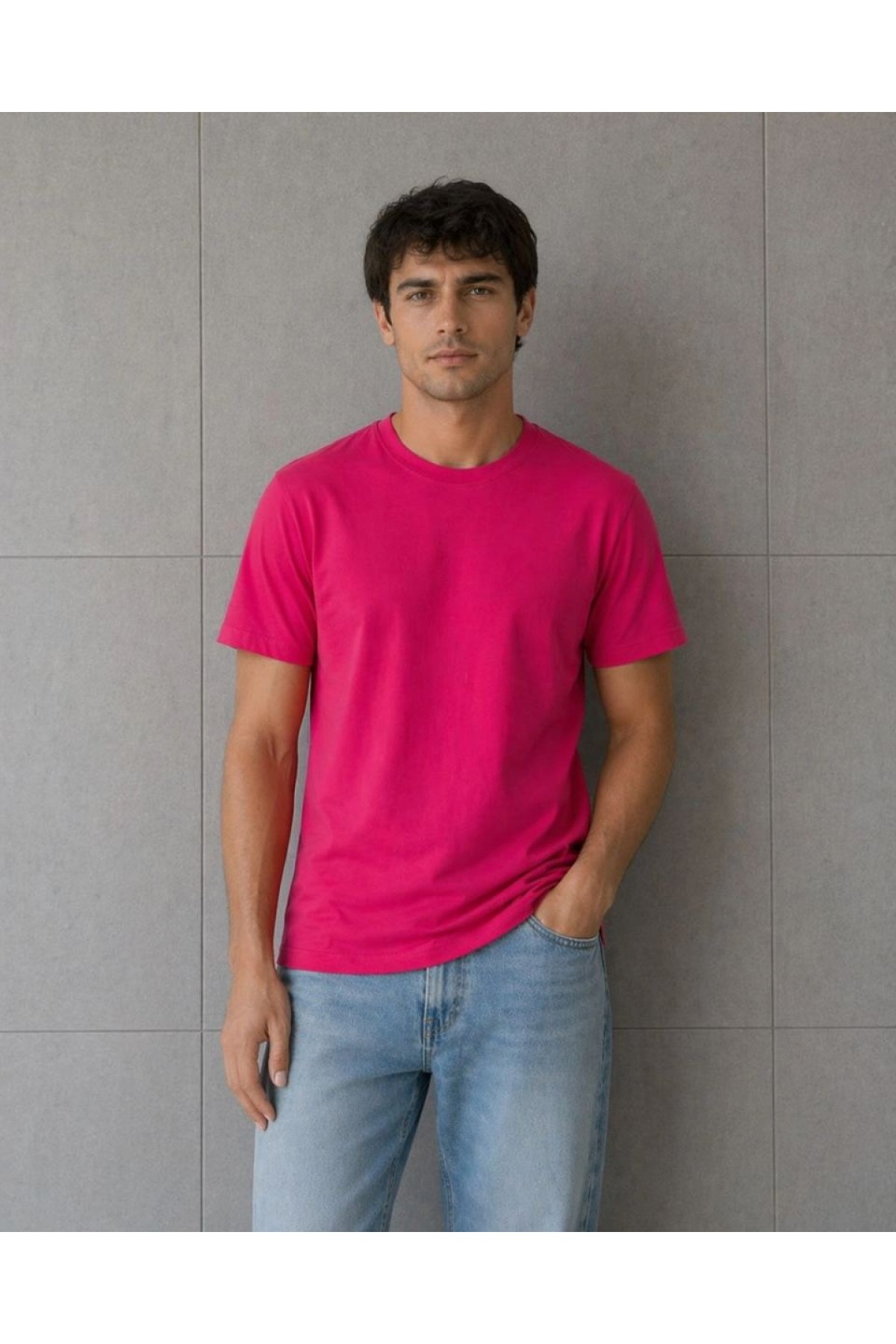 Erkek Basic Pamuklu Tişört Bisiklet Yaka Düz Renk Regular Fit T-Shirt - Fuşya