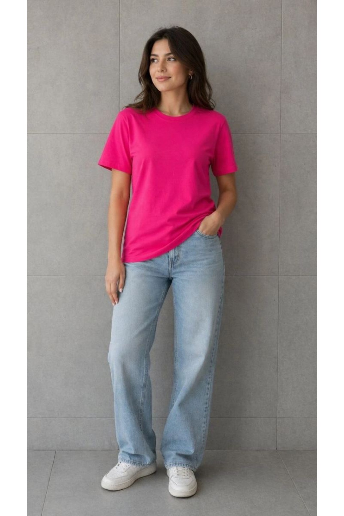 Kadın Basic Pamuklu Tişört Bisiklet Yaka Düz Renk Relaxed Fit T-Shirt - Fuşya