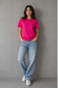 Kadın Basic Pamuklu Tişört Bisiklet Yaka Düz Renk Relaxed Fit T-Shirt - Fuşya