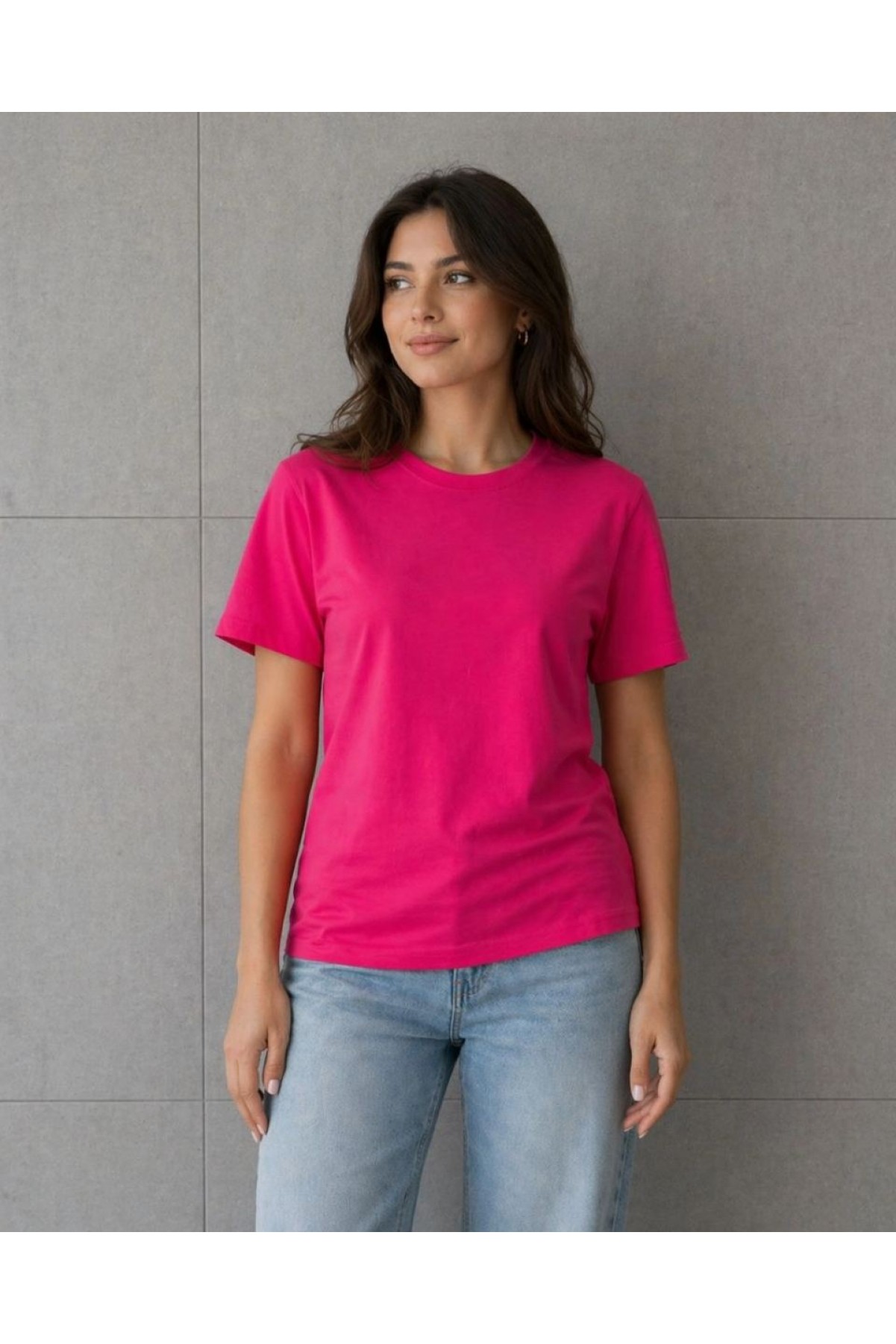 Kadın Basic Pamuklu Tişört Bisiklet Yaka Düz Renk Relaxed Fit T-Shirt - Fuşya