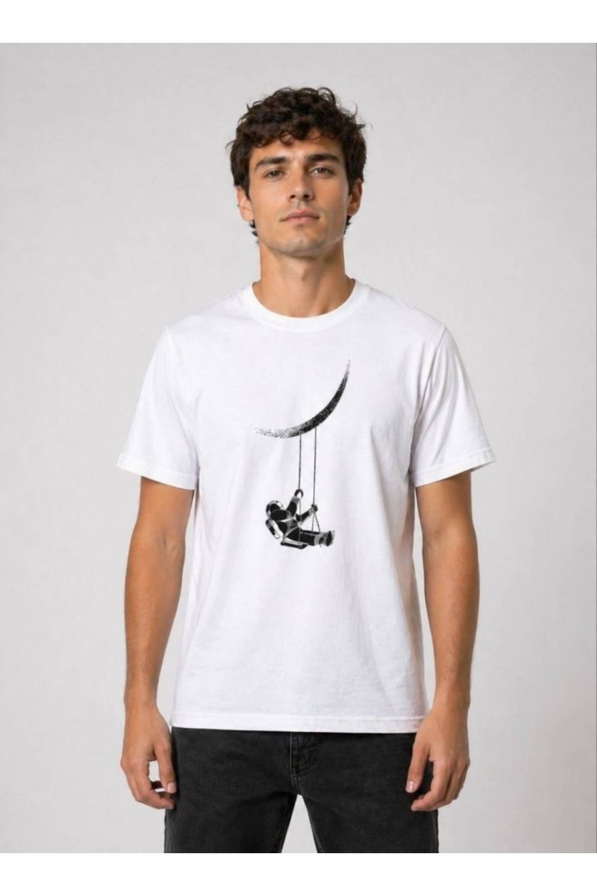 Erkek Astronot Ay Temalı Tişört Kısa Kol Yazlık Bisiklet Yaka T-Shirt - Beyaz