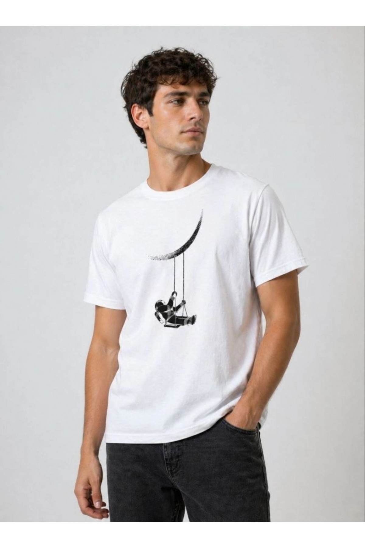 Erkek Astronot Ay Temalı Tişört Kısa Kol Yazlık Bisiklet Yaka T-Shirt - Beyaz