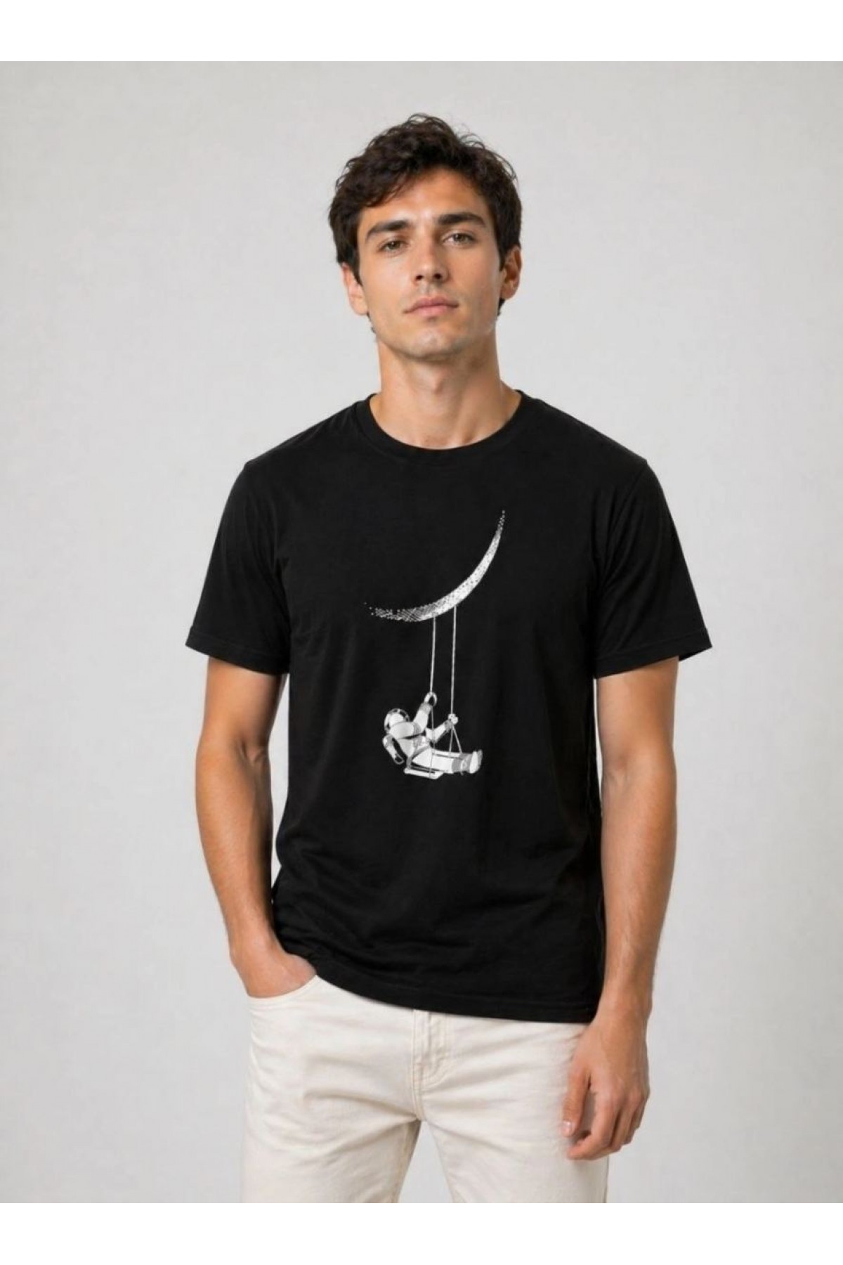 Erkek Astronot Ay Temalı Tişört Kısa Kol Yazlık Bisiklet Yaka T-Shirt - Siyah