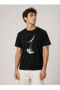 Erkek Astronot Ay Temalı Tişört Kısa Kol Yazlık Bisiklet Yaka T-Shirt - Siyah