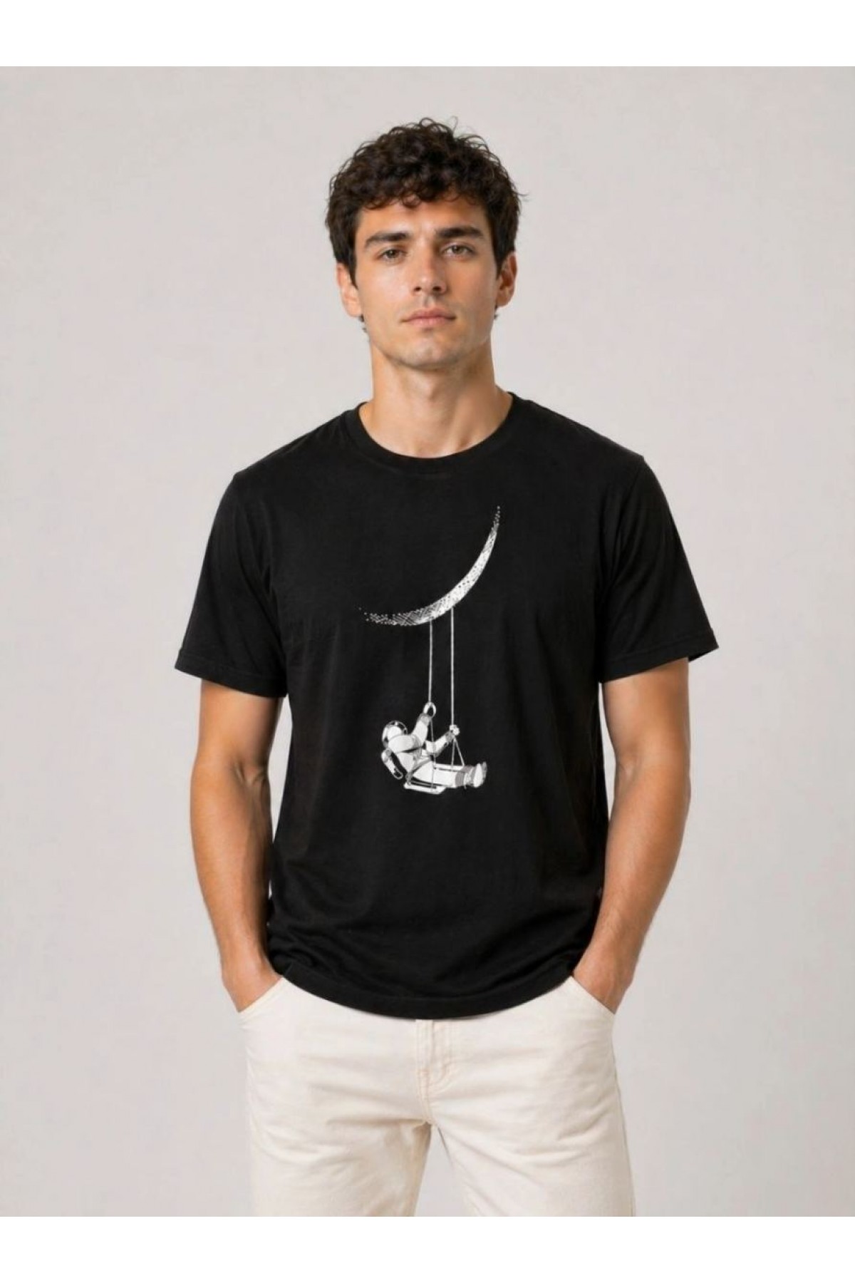 Erkek Astronot Ay Temalı Tişört Kısa Kol Yazlık Bisiklet Yaka T-Shirt - Siyah
