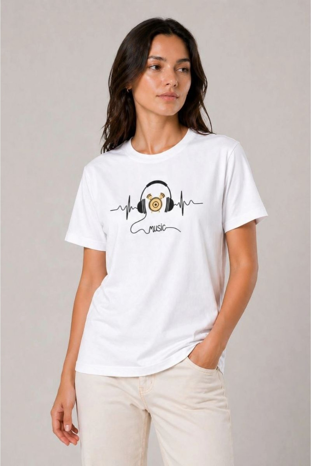 Kadın Müzik Temalı Baskılı Tişört Bisiklet Yaka Kısa Kol T-Shirt - Beyaz