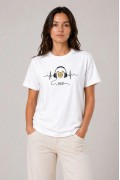 Kadın Müzik Temalı Baskılı Tişört Bisiklet Yaka Kısa Kol T-Shirt - Beyaz
