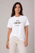 Kadın Müzik Temalı Baskılı Tişört Bisiklet Yaka Kısa Kol T-Shirt - Beyaz