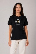 Kadın Müzik Temalı Baskılı Tişört Bisiklet Yaka Kısa Kol T-Shirt - Siyah