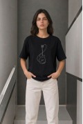 Kadın Minimal Gitar Baskılı Tişört T-Shirt Yazlık Kısa Kol Bisiklet Yaka T-Shirt - Siyah