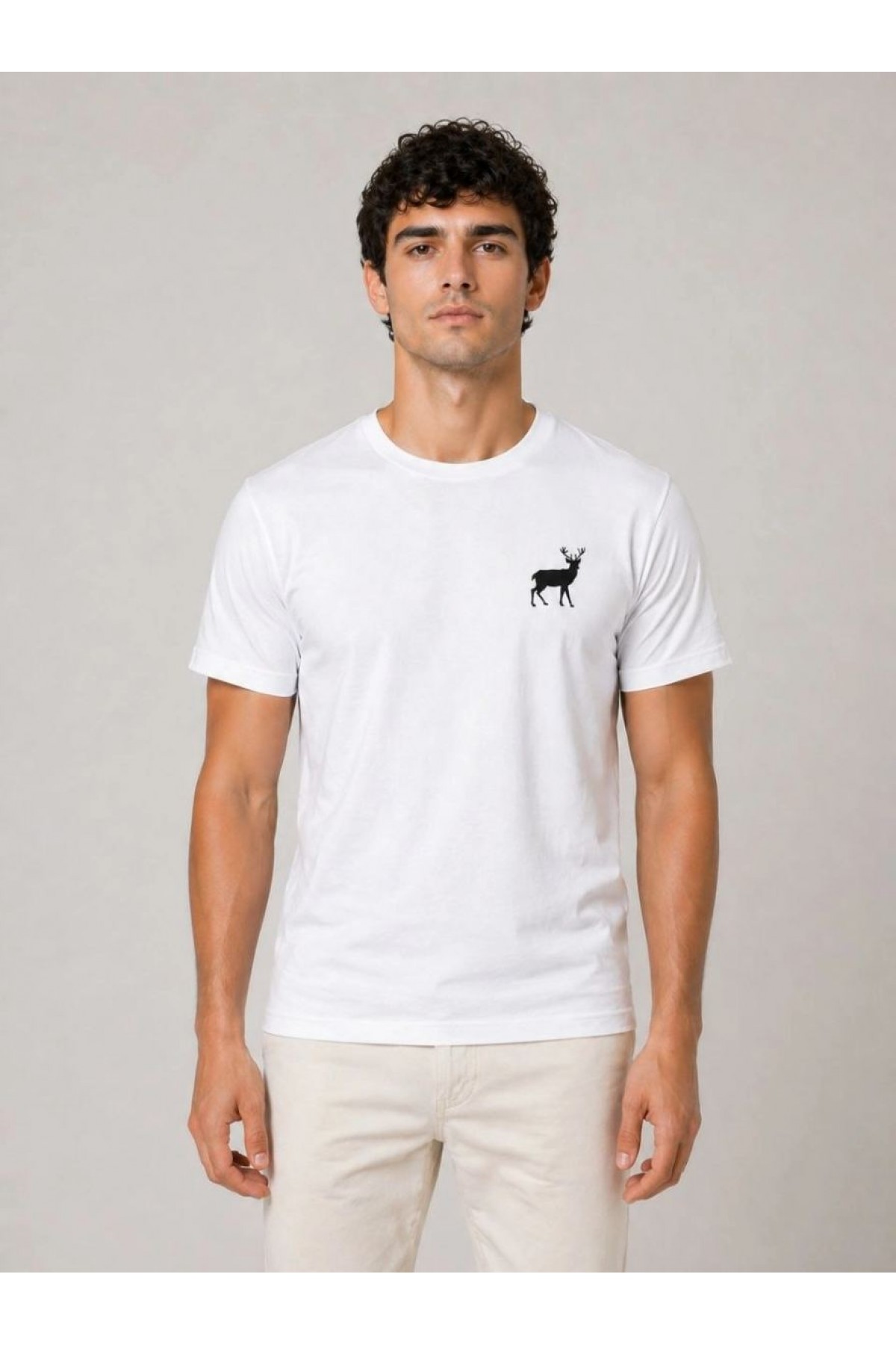 Erkek Minimal Geyik Logolu Tişört Bisiklet Yaka Kısa kol Yazlık T-Shirt - Beyaz