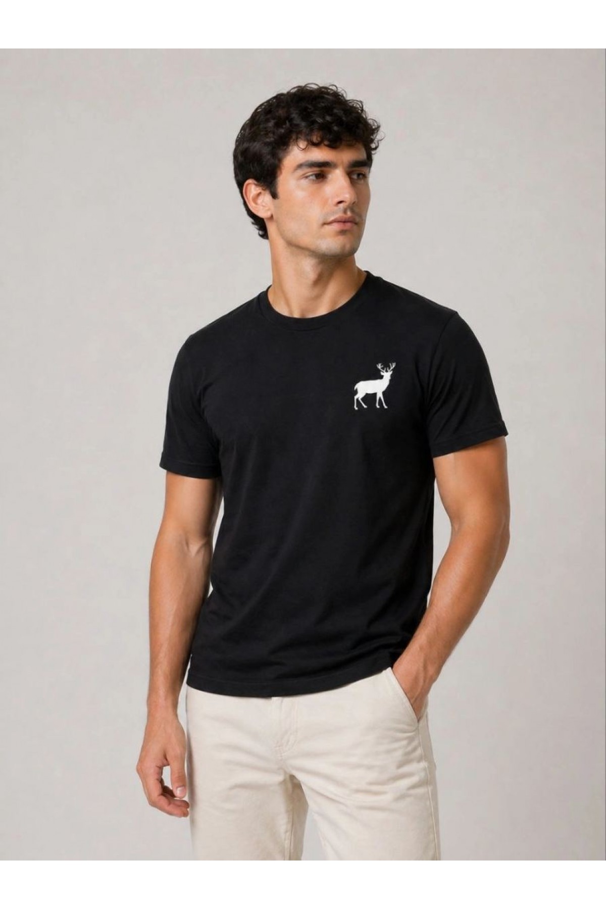 Erkek Minimal Geyik Logolu Tişört Bisiklet Yaka Kısa kol Yazlık T-Shirt - Siyah