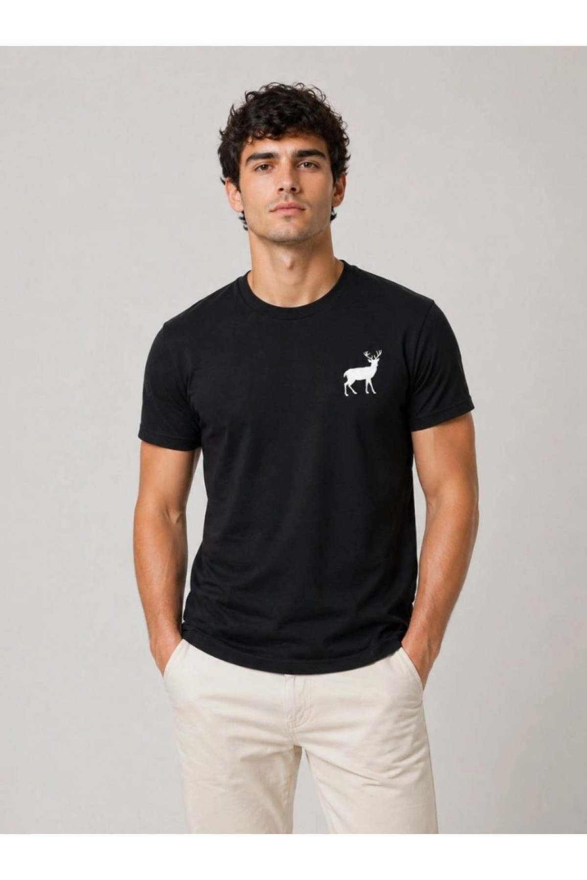 Erkek Minimal Geyik Logolu Tişört Bisiklet Yaka Kısa kol Yazlık T-Shirt - Siyah