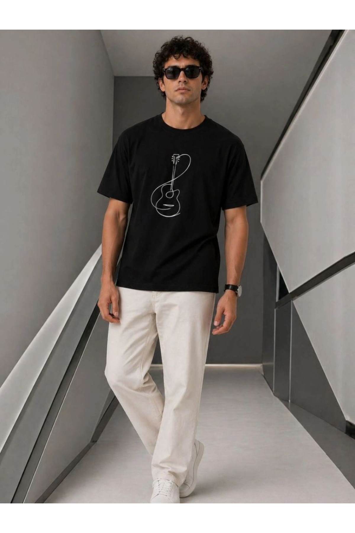 Erkek Minimal Gitar Baskılı Tişört T-Shirt Yazlık Kısa Kol Bisiklet Yaka T-Shirt - Siyah