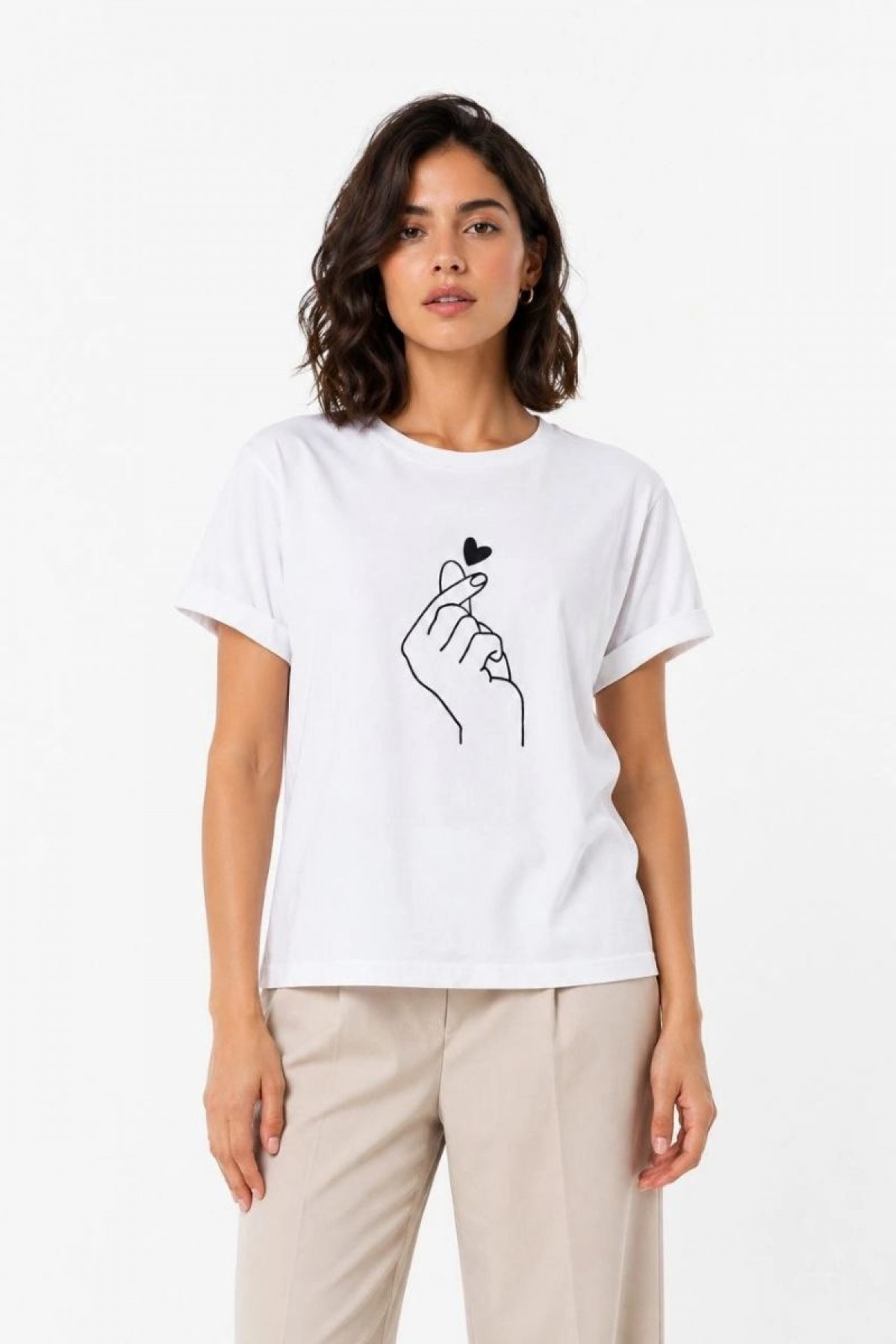Kadın Kore Parmak Kalp Aşk Temalı Minimal Baskılı Tişört Yazlık Kısa Kol T-Shirt  - Beyaz