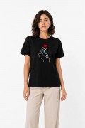 Kadın Kore Parmak Kalp Aşk Temalı Minimal Baskılı Tişört Yazlık Kısa Kol T-Shirt - Siyah