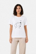 Kadın Köpek Figürlü Minimal Baskılı Tişört Kısa Kol Yazlık T-Shirt - Beyaz