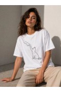 Kadın Minimal Kedi Çizim Baskılı Tişört Kısa Kol Yazlık T-Shirt - Beyaz